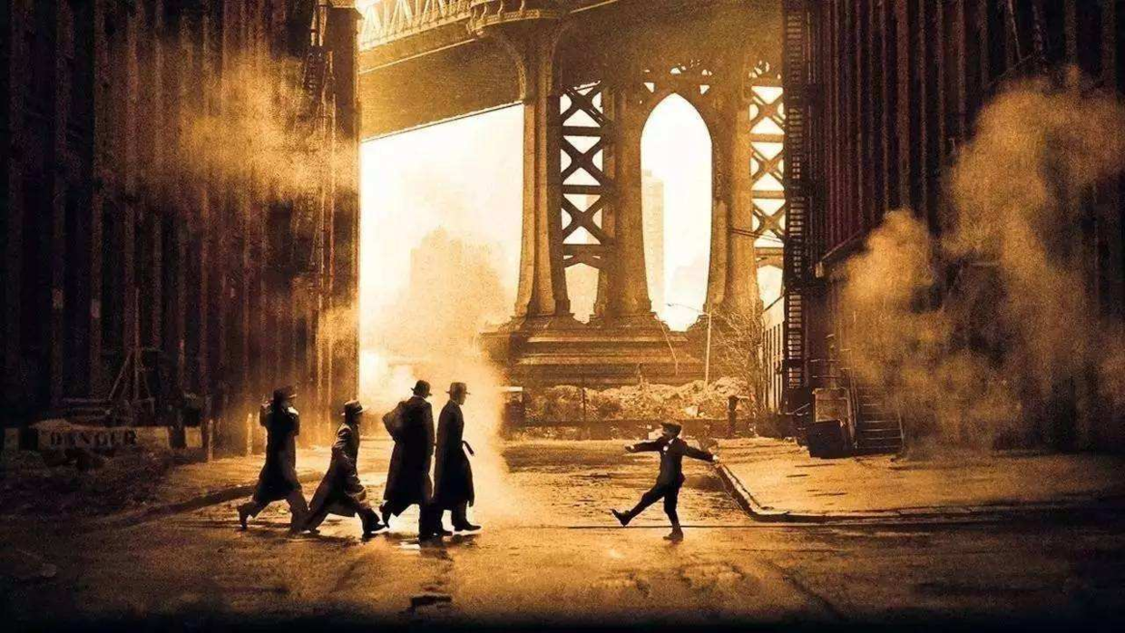 Iconic shot from Once Upon a Time in America showing silhouettes under the Manhattan Bridge