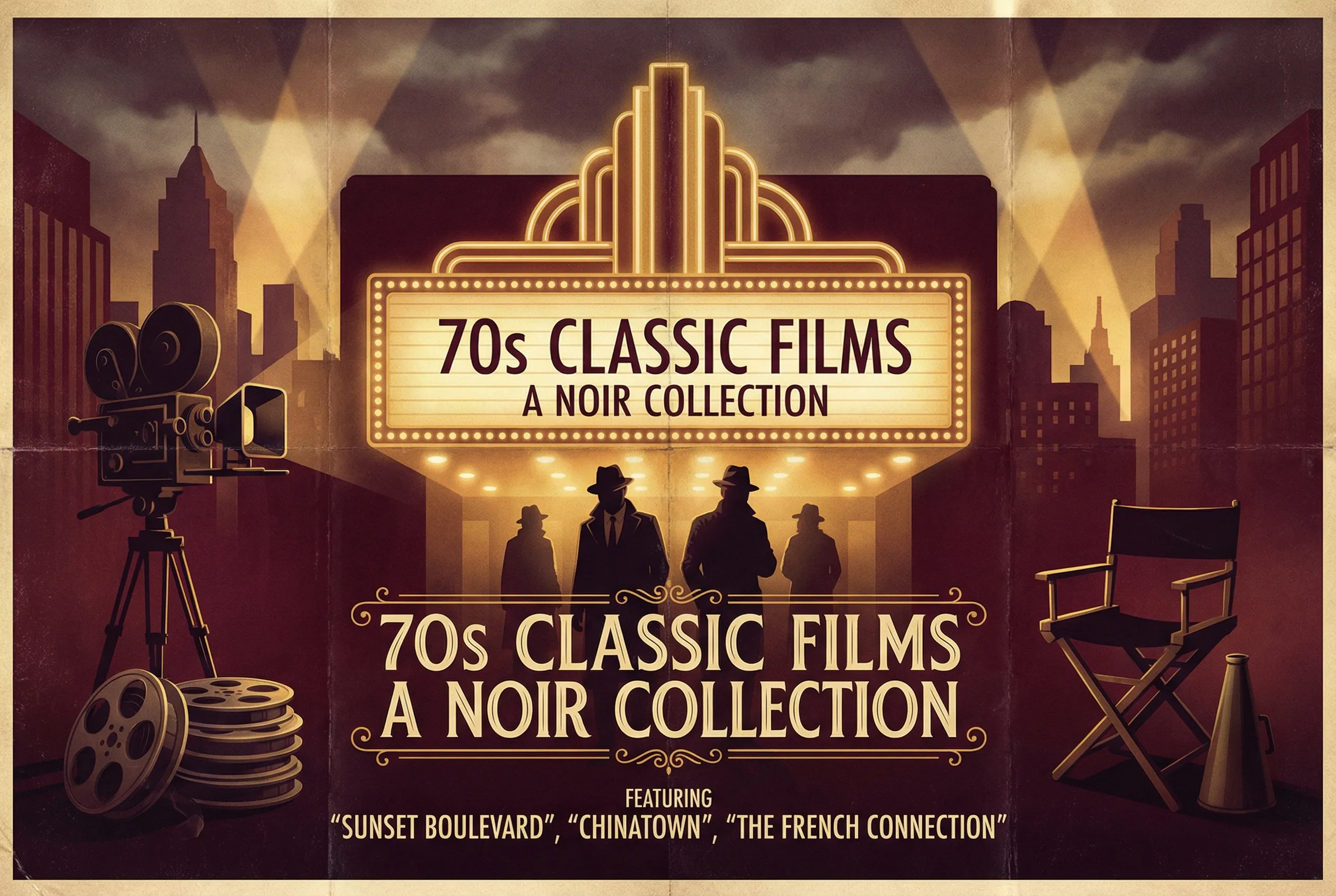 A dramatic collage featuring iconic 1970s film posters including The Godfather, The Exorcist, and Chinatown