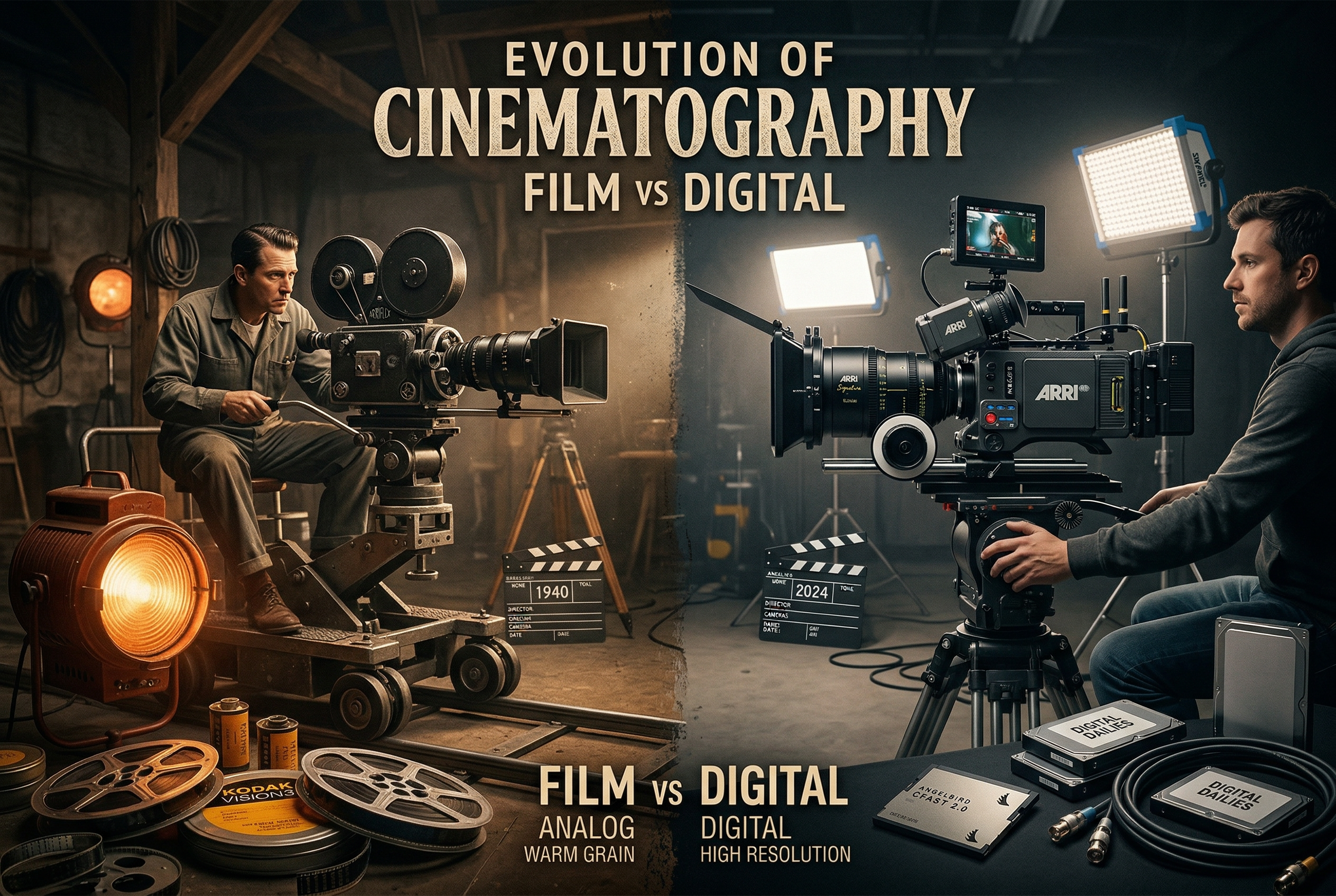 Cinematic composition showing various cinematography techniques and camera equipment